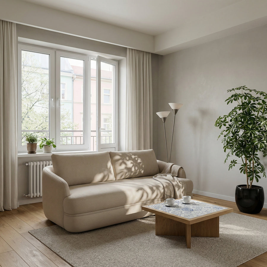 Lush round sofa bed with bedding container