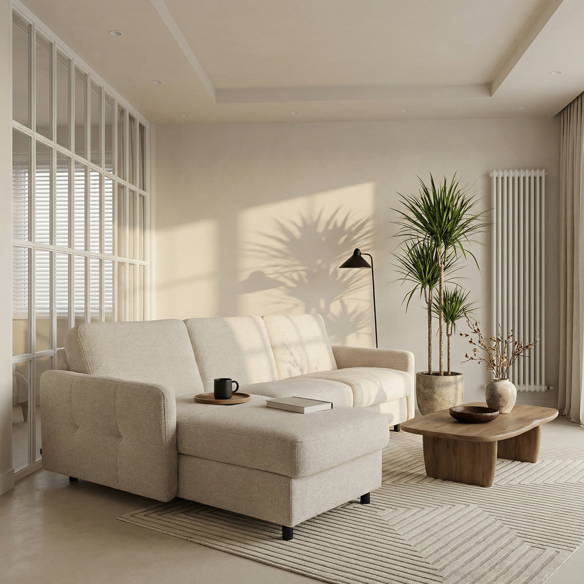 Narożnik EMA z funkcją spania codziennego stelaż włoski z materacem 140 cm i pojemnikiem na pościel