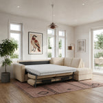 DOLLY corner sofa with ottoman, daily sleeping function, Italian frame with a 140 cm mattress and a bedding container