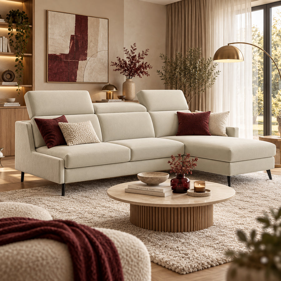 Narożnik FIBI bez boków z funkcją spania stelaż włoski z materacem 120 cm i pojemnikiem oraz ruchomymi zagłówkami