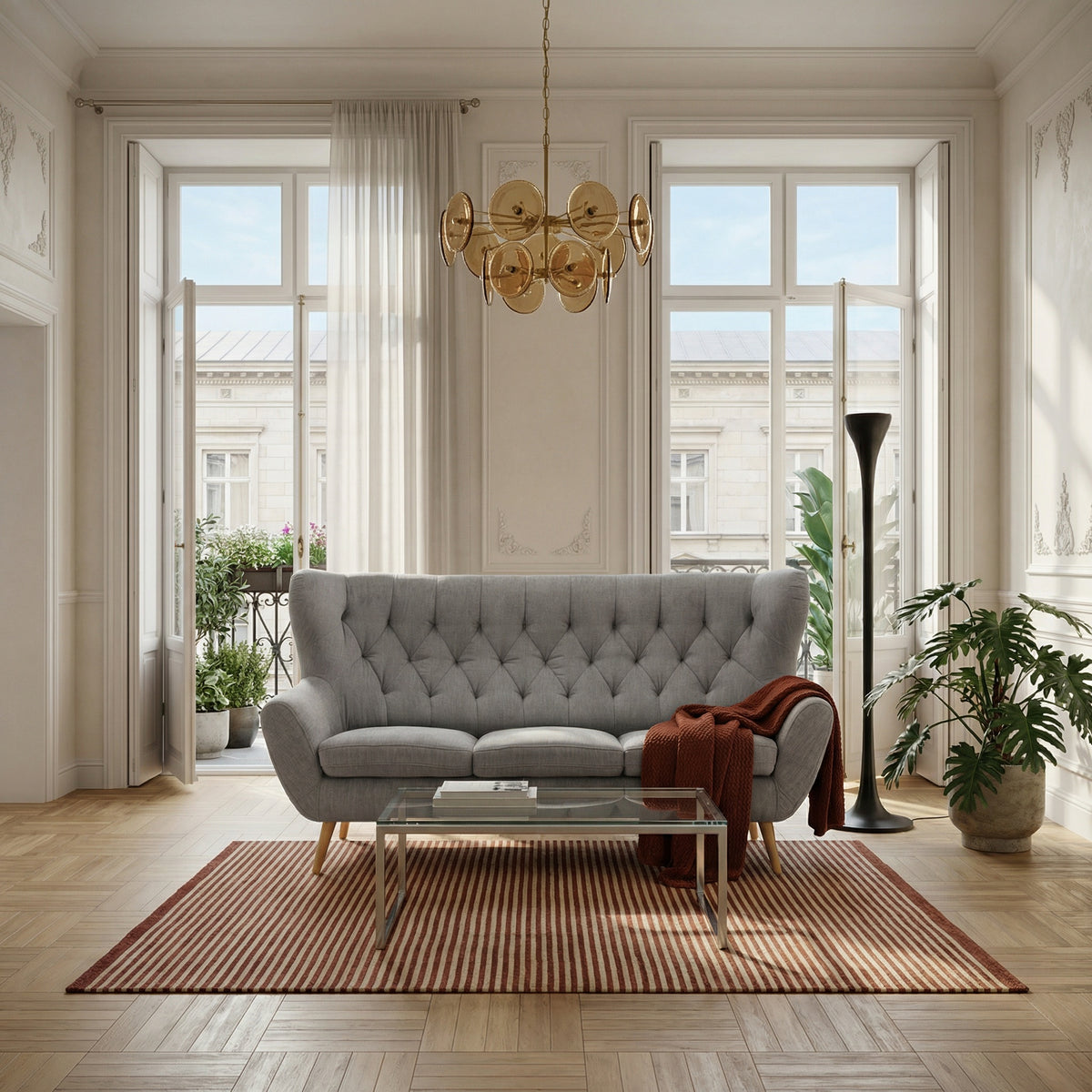 Sofa VOSS 3 osobowa pikowana na drewnianych nóżkach