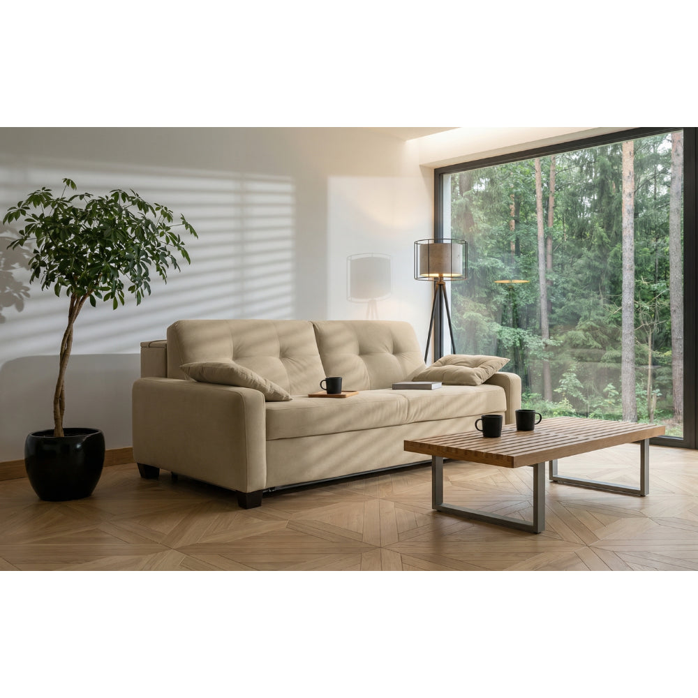 Sofa AURA 3 osobowa z funkcją spania codziennego stelaż włoski z materacem 160 cm z pojemnikiem na drewnianych nóżkach