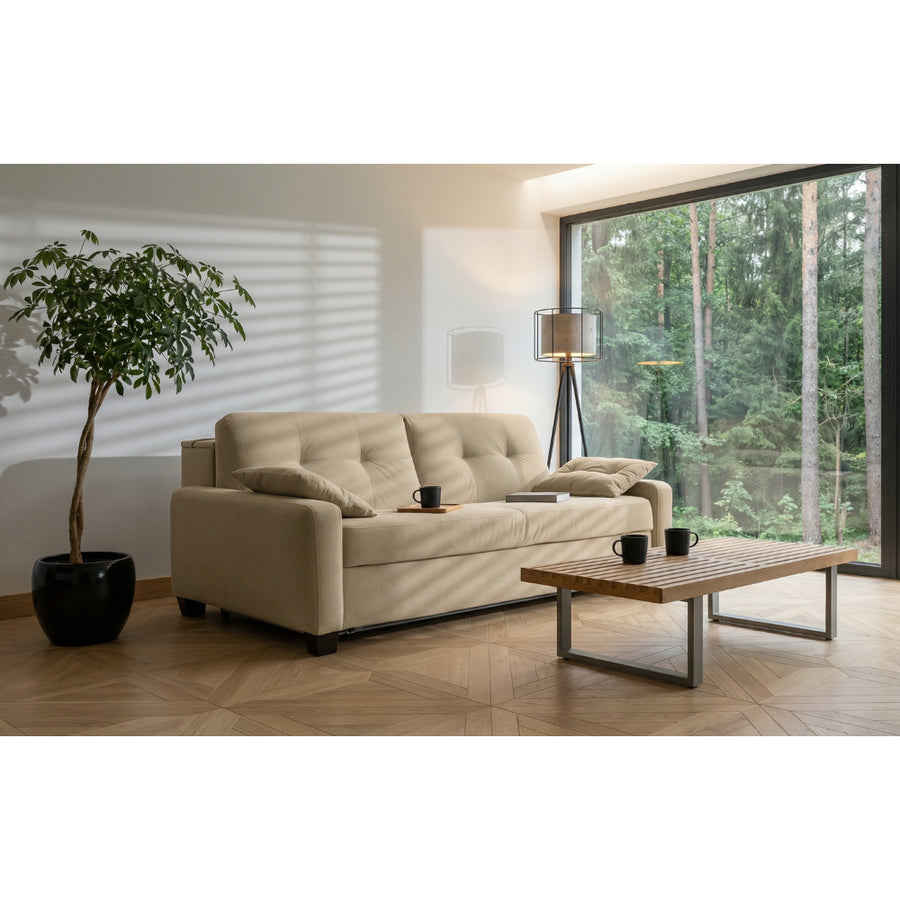 Sofa AURA 3 osobowa z funkcją spania codziennego stelaż włoski z materacem 160 cm z pojemnikiem na drewnianych nóżkach