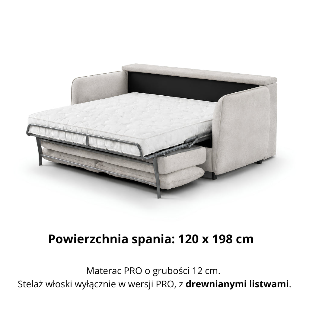 Sofa BAMBI 2 osobowa z funkcją spania stelaż włoski PRO z materacem 120 cm i pojemnikiem