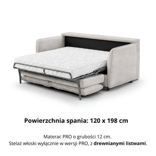 Sofa BAMBI 2 osobowa z funkcją spania stelaż włoski PRO z materacem 120 cm i pojemnikiem