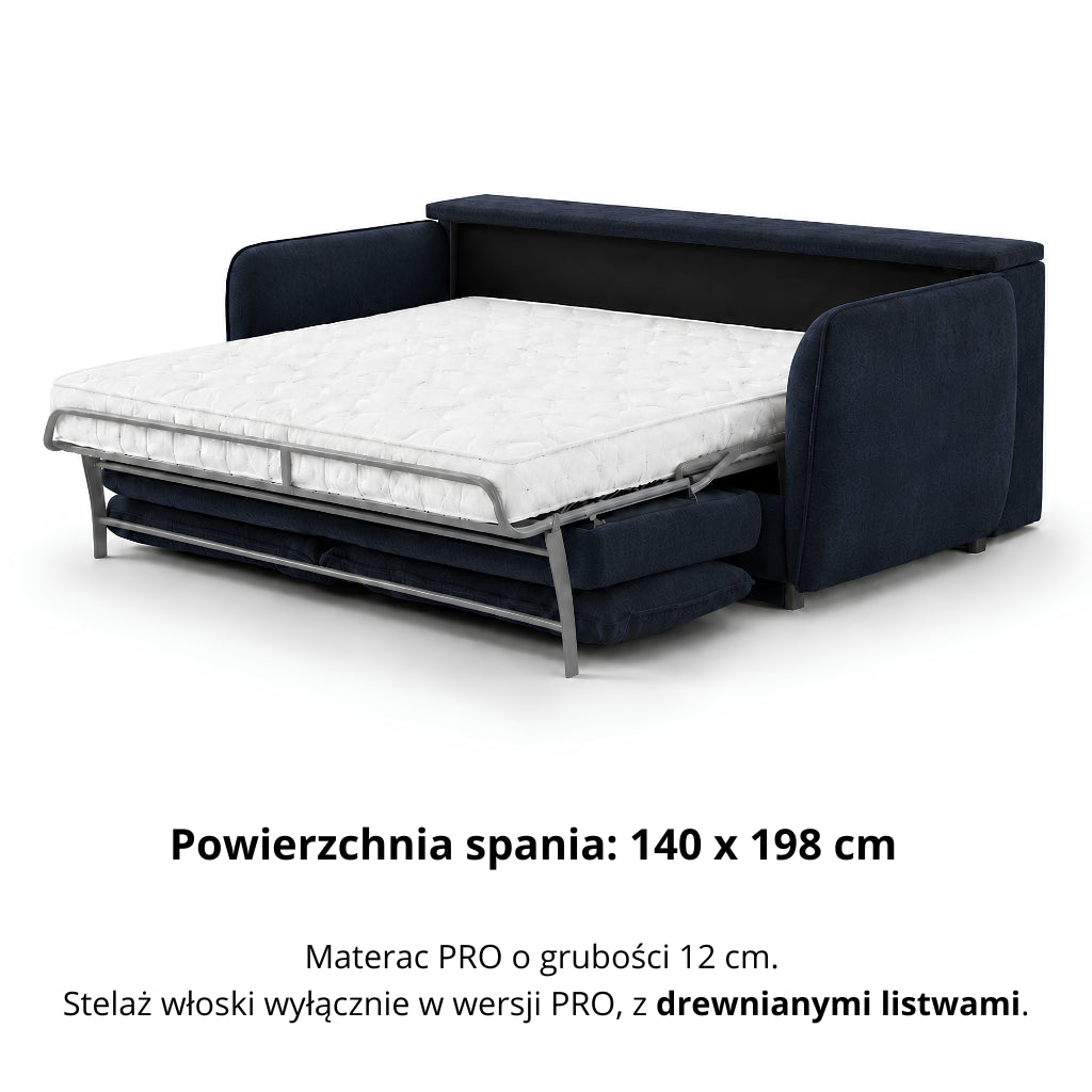 Sofa BAMBI 2,5 osobowa z funkcją spania stelaż włoski PRO z materacem 140 cm i pojemnikiem