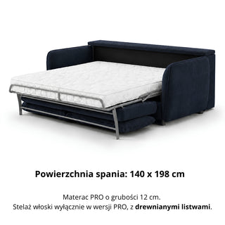 Sofa BAMBI 2,5 osobowa z funkcją spania stelaż włoski PRO z materacem 140 cm i pojemnikiem