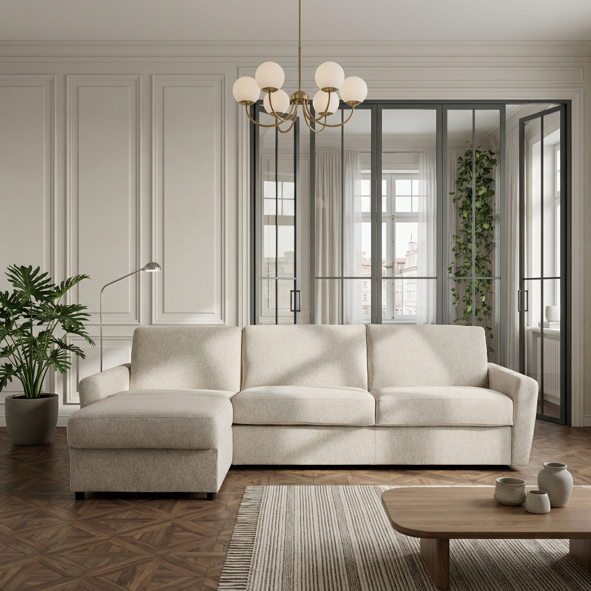 DOLLY corner sofa with daily sleeping function, Italian frame, 120 cm mattress and left-sided bedding container