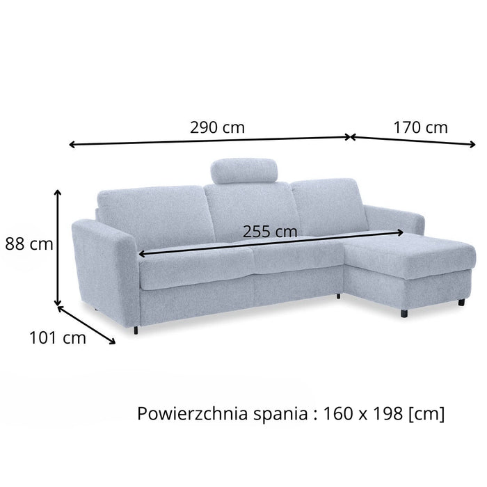 Narożnik DOLLY z funkcją spania codziennego stelaż włoski z materacem 160 cm i pojemnikiem na pościel lewostronny