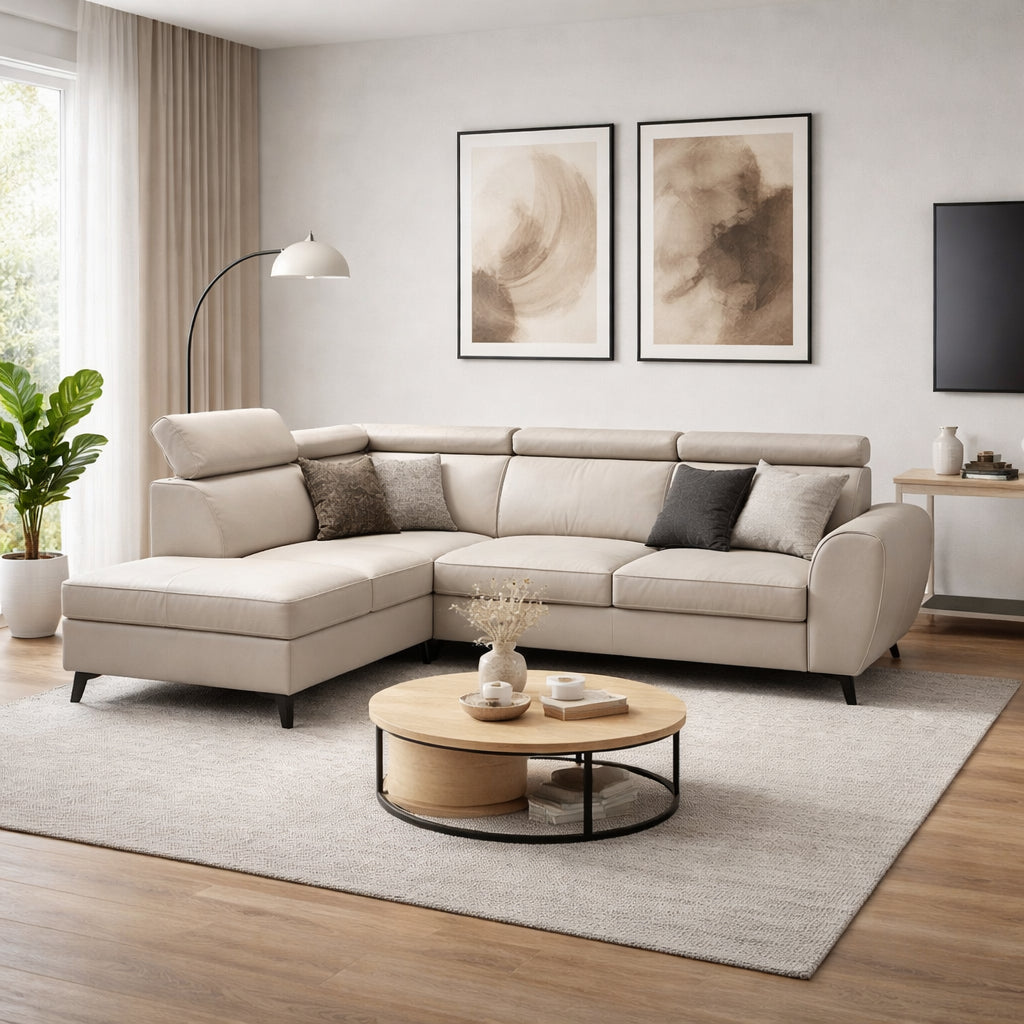 DUE corner sofa with sleeping function, storage space and movable headrests