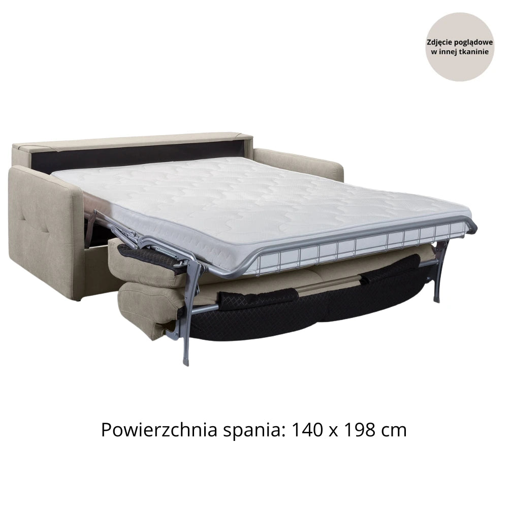 Sofa EMA 2,5 osobowa z funkcją spania codziennego stelaż włoski z materacem 140 cm i pojemnikiem na pościel