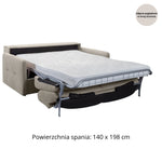 Sofa EMA 2,5 osobowa z funkcją spania codziennego stelaż włoski z materacem 140 cm i pojemnikiem na pościel