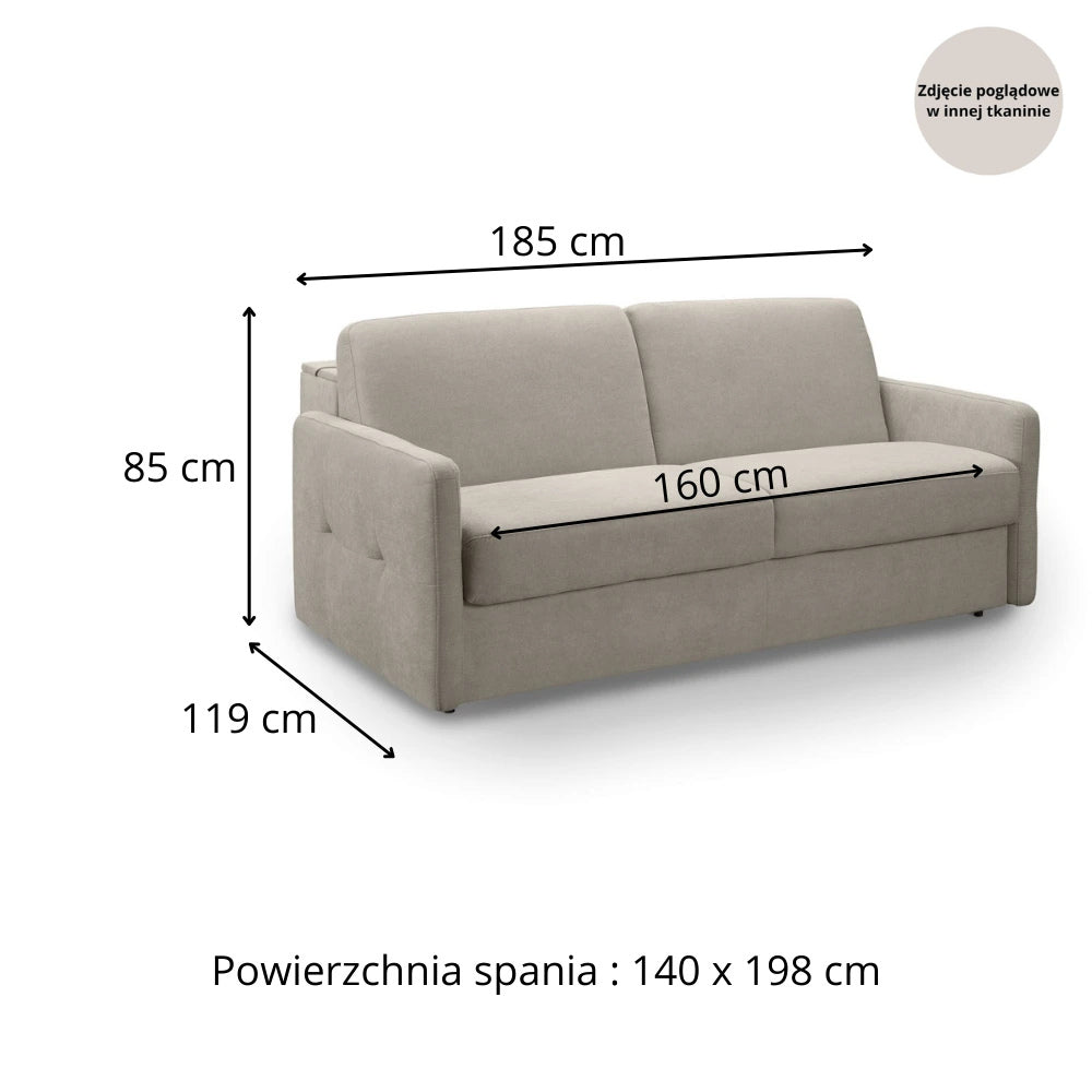 Sofa EMA 2,5 osobowa z funkcją spania codziennego stelaż włoski z materacem 140 cm i pojemnikiem na pościel