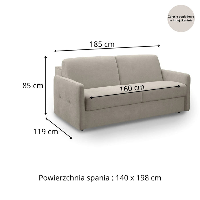 Sofa EMA 2,5 osobowa z funkcją spania codziennego stelaż włoski z materacem 140 cm i pojemnikiem na pościel