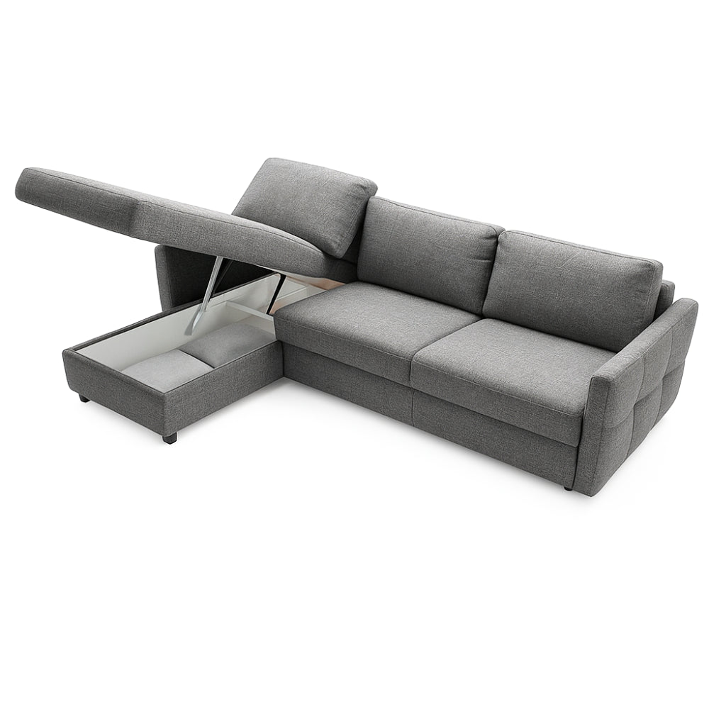 EMA corner sofa with daily sleeping function, Italian STANDARD frame with a 160 cm mattress and a bedding container