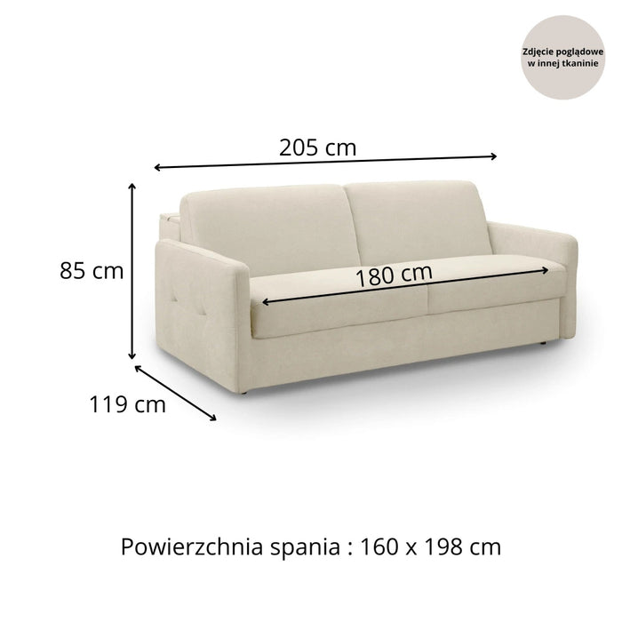 Sofa EMA 3 osobowa z funkcją spania codziennego stelaż włoski z materacem 160 cm i pojemnikiem na pościel