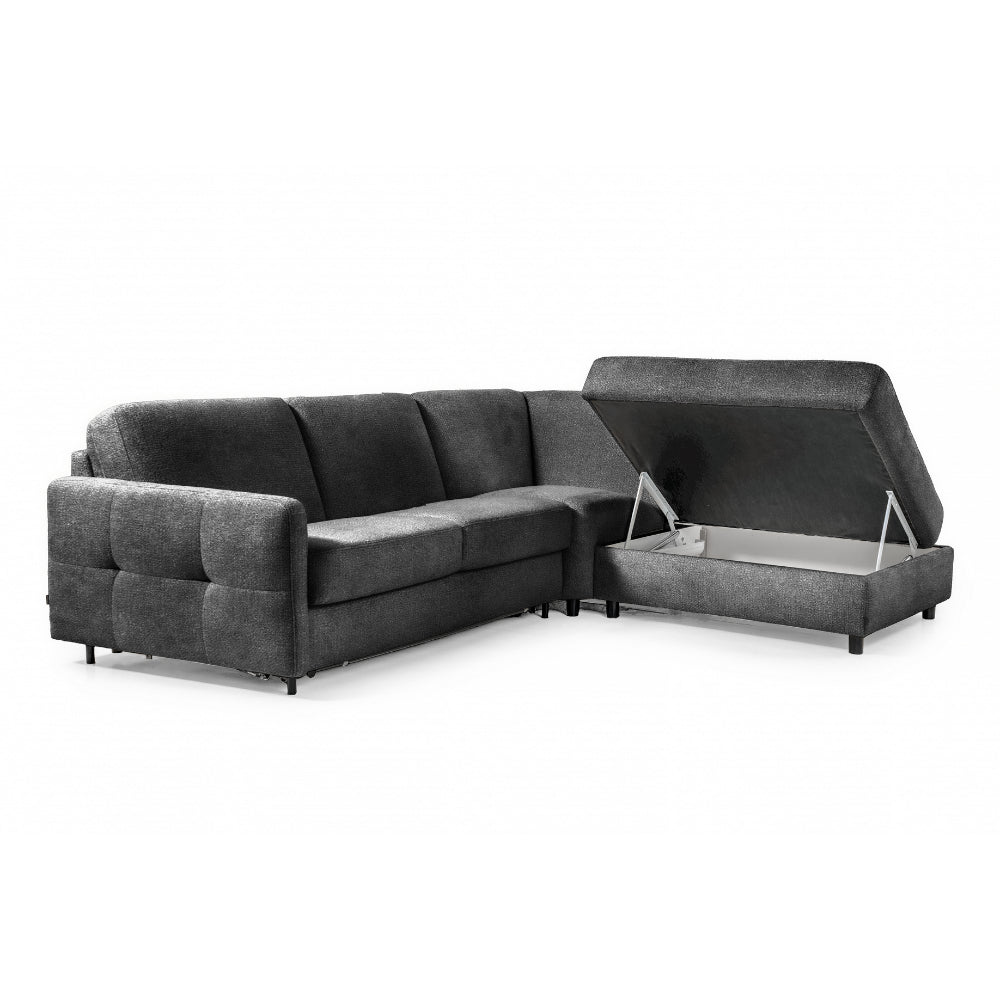 Narożnik EMA z otomaną funkcja spania codziennego stelaż włoski z materacem 120 cm i pojemnikiem na pościel