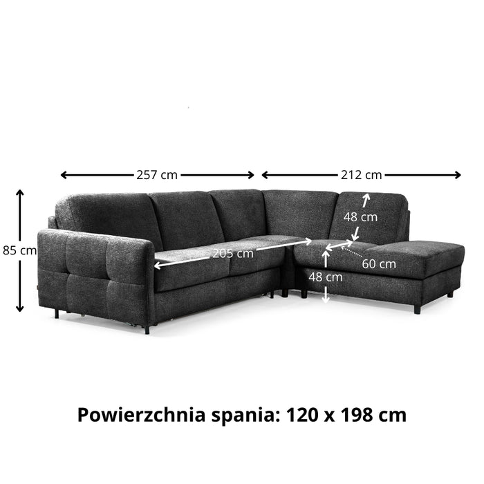 Narożnik EMA z otomaną funkcja spania codziennego stelaż włoski z materacem 120 cm i pojemnikiem na pościel