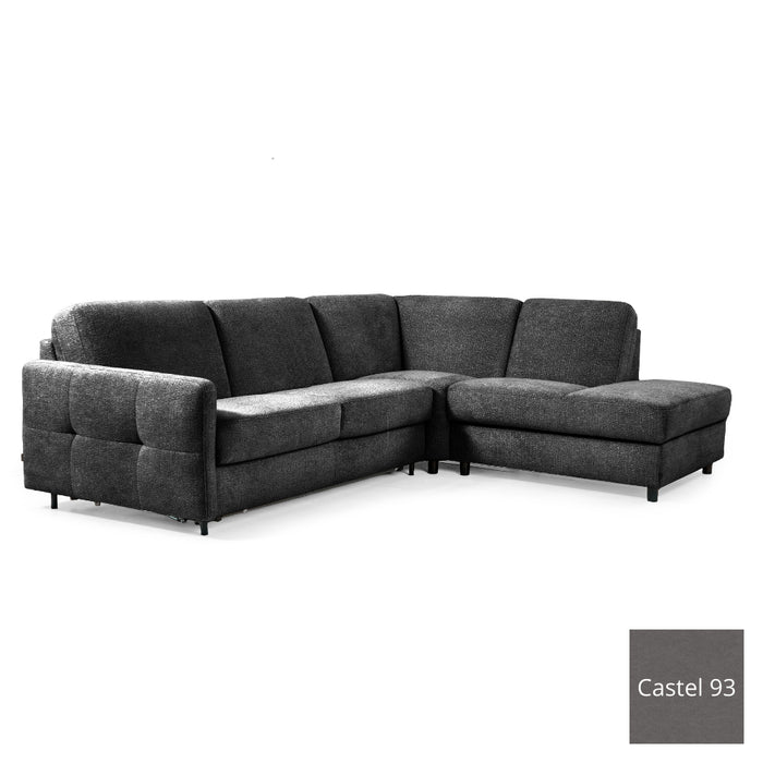 Narożnik EMA z otomaną funkcja spania codziennego stelaż włoski z materacem 120 cm i pojemnikiem na pościel