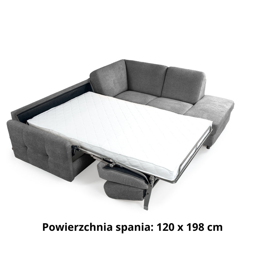 EMA corner sofa with ottoman, daily sleeping function, Italian frame with 120 cm mattress and bedding container