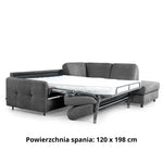 Narożnik EMA z otomaną funkcja spania codziennego stelaż włoski z materacem 120 cm i pojemnikiem na pościel