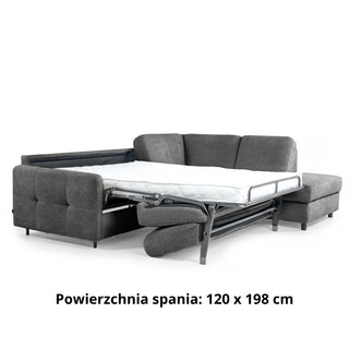 Narożnik EMA z otomaną funkcja spania codziennego stelaż włoski z materacem 120 cm i pojemnikiem na pościel