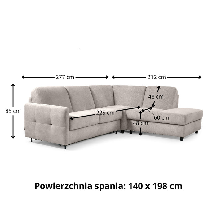 Narożnik EMA z otomaną funkcja spania codziennego stelaż włoski z materacem 140 cm i pojemnikiem na pościel
