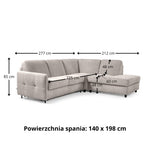 Narożnik EMA z otomaną funkcja spania codziennego stelaż włoski z materacem 140 cm i pojemnikiem na pościel