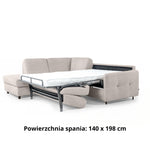 Narożnik EMA z otomaną funkcja spania codziennego stelaż włoski z materacem 140 cm i pojemnikiem na pościel