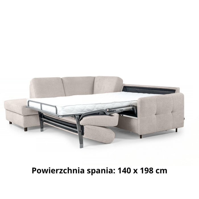 Narożnik EMA z otomaną funkcja spania codziennego stelaż włoski z materacem 140 cm i pojemnikiem na pościel