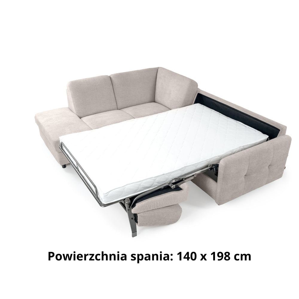 Narożnik EMA z otomaną funkcja spania codziennego stelaż włoski z materacem 140 cm i pojemnikiem na pościel