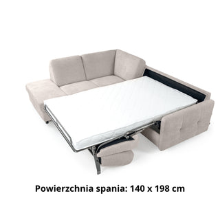 Narożnik EMA z otomaną funkcja spania codziennego stelaż włoski z materacem 140 cm i pojemnikiem na pościel