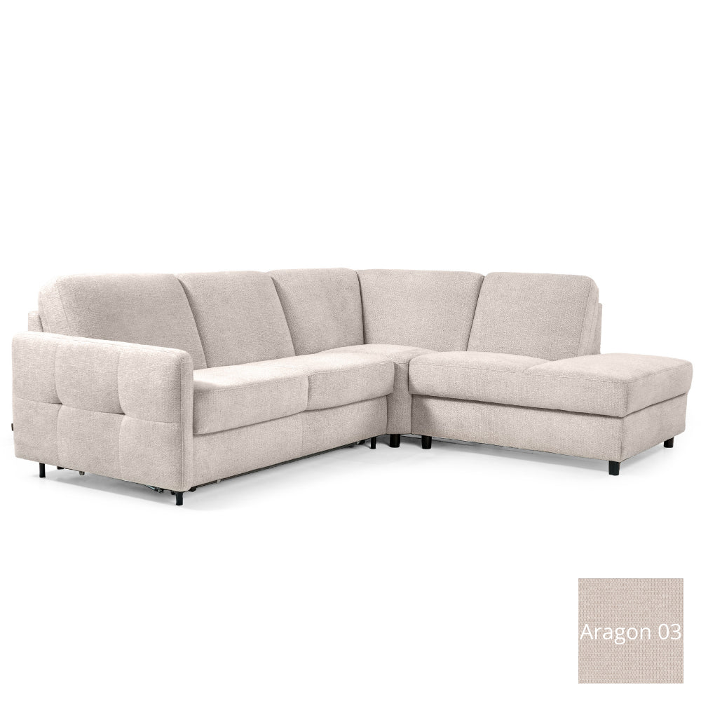 Narożnik EMA z otomaną funkcja spania codziennego stelaż włoski z materacem 160 cm i pojemnikiem na pościel