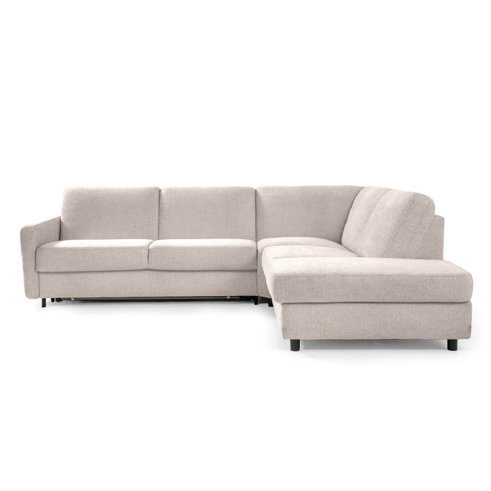 Narożnik EMA z otomaną funkcja spania codziennego stelaż włoski z materacem 160 cm i pojemnikiem na pościel