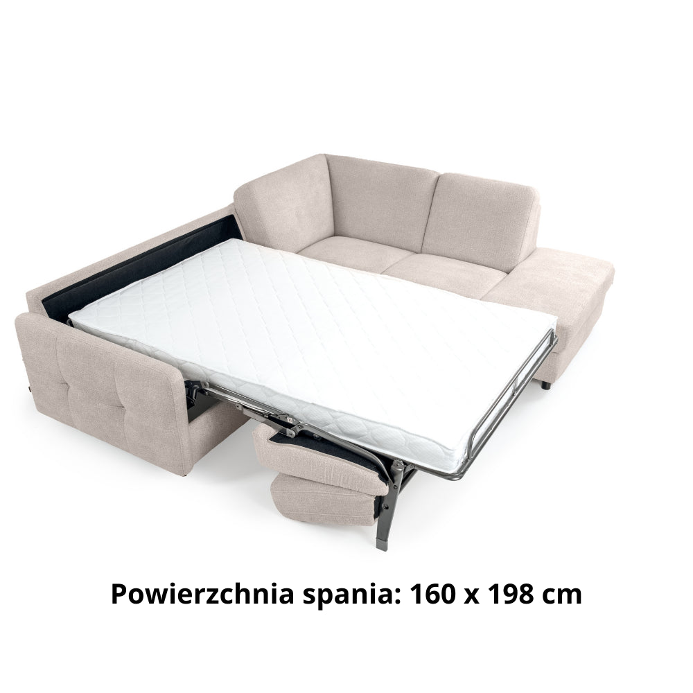 EMA corner sofa with ottoman, daily sleeping function, Italian frame with a 160 cm mattress and a bedding container
