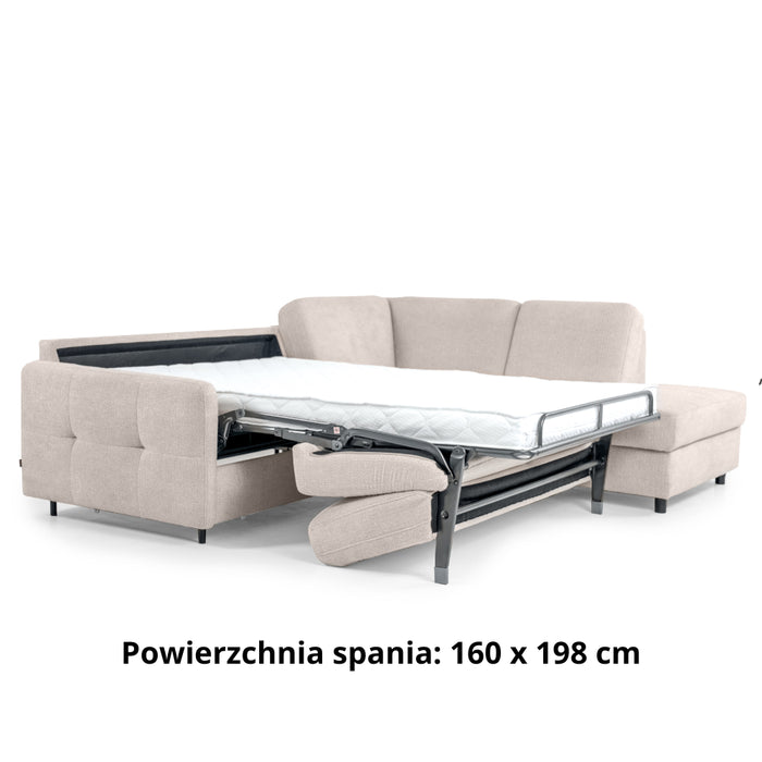 Narożnik EMA z otomaną funkcja spania codziennego stelaż włoski z materacem 160 cm i pojemnikiem na pościel