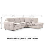 Narożnik EMA z otomaną funkcja spania codziennego stelaż włoski z materacem 160 cm i pojemnikiem na pościel