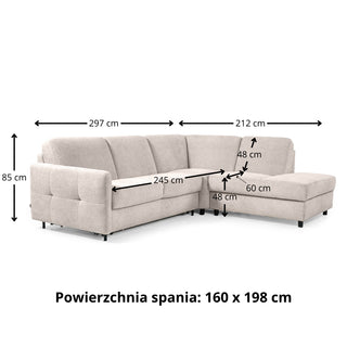 Narożnik EMA z otomaną funkcja spania codziennego stelaż włoski z materacem 160 cm i pojemnikiem na pościel