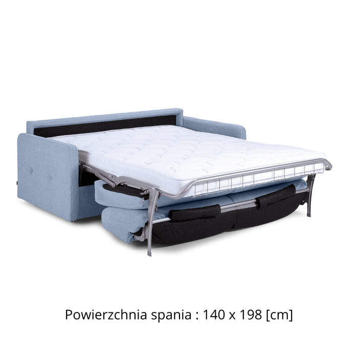 Sofa EMA 2,5 osobowa z pojemnikiem i funkcją spania codziennego stelaż włoski z materacem 140 cm