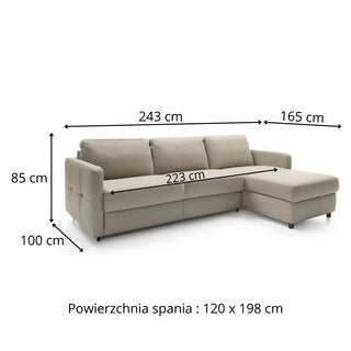 Narożnik EMA z funkcją spania codziennego stelaż włoski z materacem 120 cm i pojemnikiem na pościel