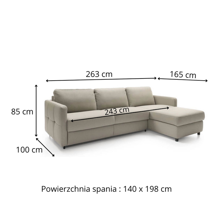 Narożnik EMA z funkcją spania codziennego stelaż włoski z materacem 140 cm i pojemnikiem na pościel