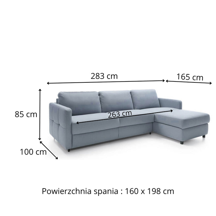 Narożnik EMA z funkcją spania codziennego stelaż włoski z materacem 160 cm i pojemnikiem na pościel