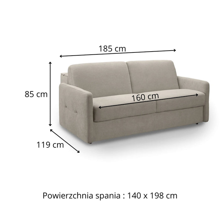 Sofa EMA 2,5 osobowa z pojemnikiem i funkcją spania codziennego stelaż włoski z materacem 140 cm