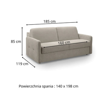 Sofa EMA 2,5 osobowa z pojemnikiem i funkcją spania codziennego stelaż włoski z materacem 140 cm