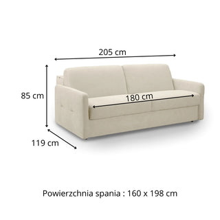 Sofa EMA 3 osobowa z pojemnikiem i funkcją spania codziennego stelaż włoski z materacem 160 cm