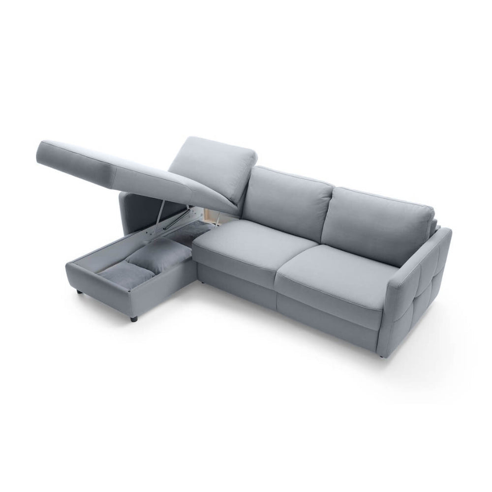 Narożnik EMA z funkcją spania codziennego stelaż włoski z materacem 140 cm i pojemnikiem na pościel