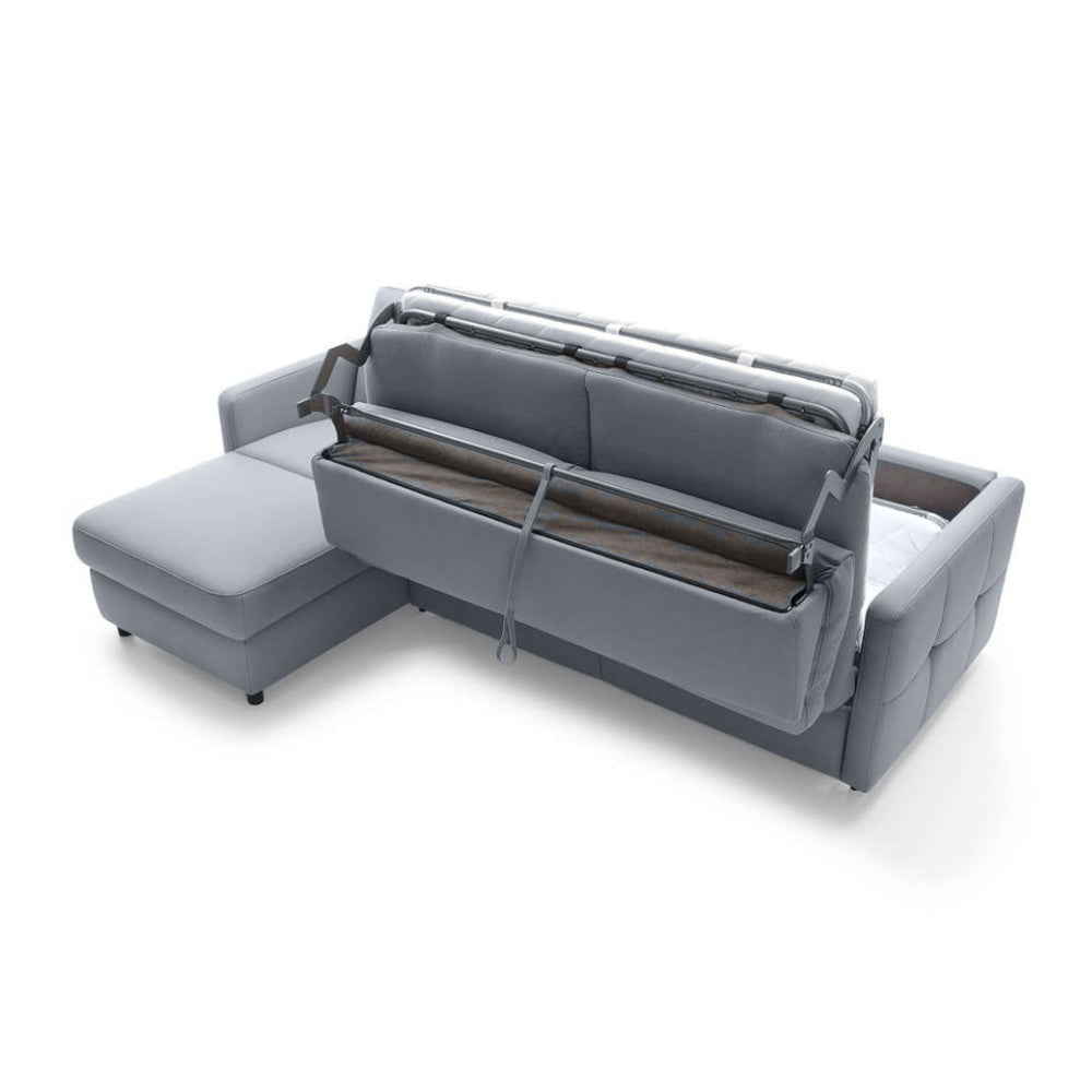 Narożnik EMA z funkcją spania codziennego stelaż włoski z materacem 140 cm i pojemnikiem na pościel