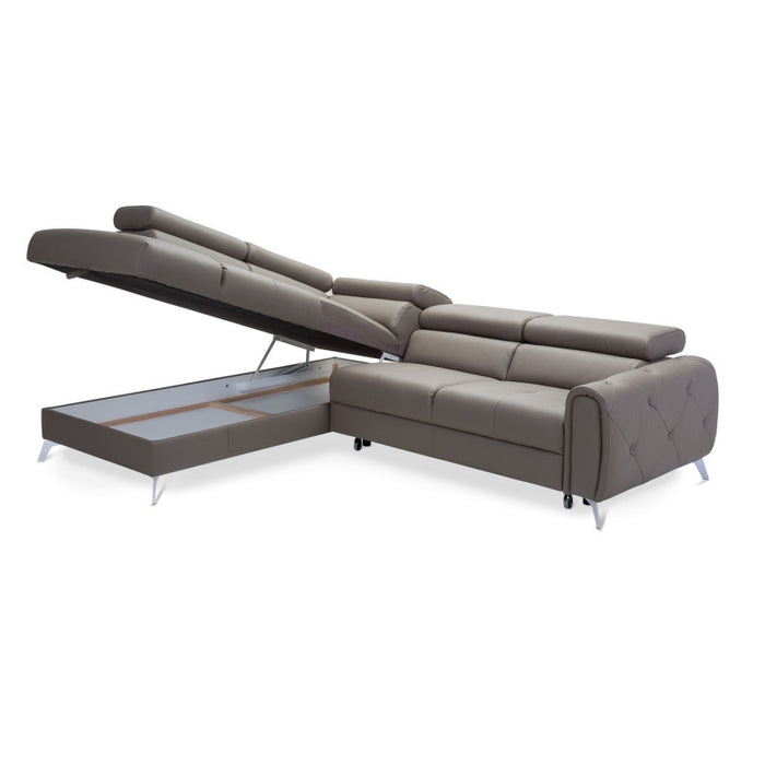 CAMELIA corner sofa, extendable, with a container and movable headrests, leather