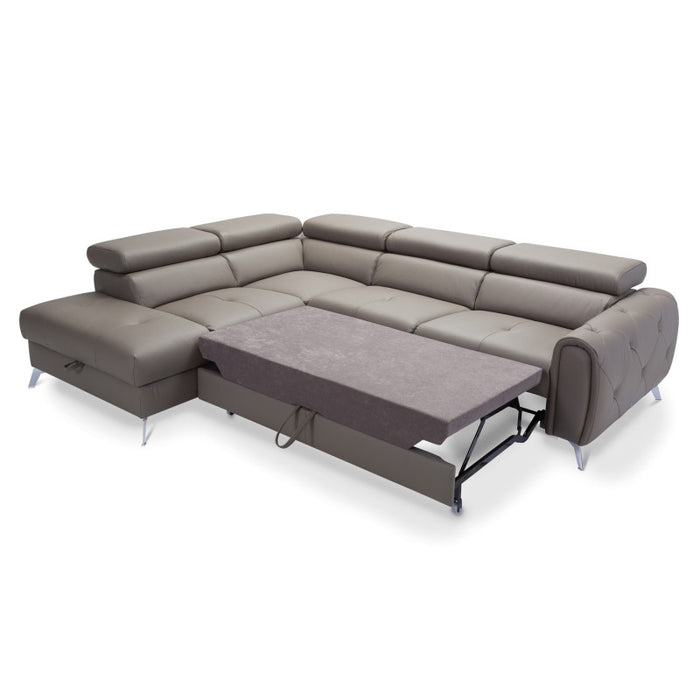 CAMELIA corner sofa, extendable, with a container and movable headrests, leather