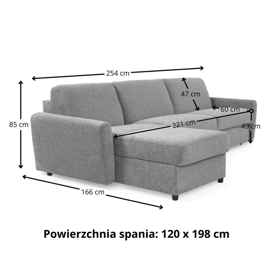 Narożnik DOLLY z funkcją spania codziennego stelaż włoski z materacem 120 cm i pojemnikiem na pościel lewostronny